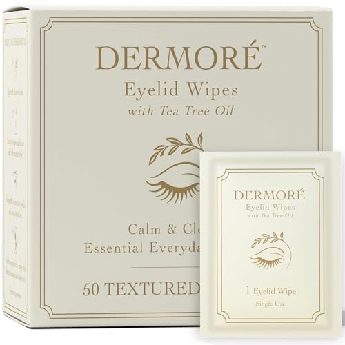 DERMORE 50Pcs Tea Tree Eyelid Cleansing Wipes | Individually Wrapped Refreshing & Daily Hygiene Eyelid Wipes | Preservative-Free with Chamomile and Aloe | Gentle Care for Dry, Itchy & Tired Skin