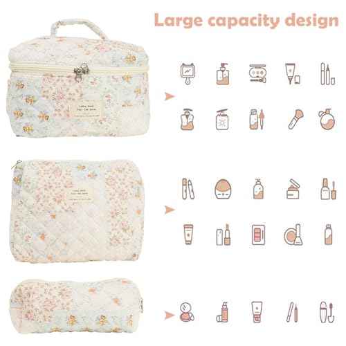 Generic Quilted Makeup Bag Set, Cute Cotton Floral Makeup Bag, Aesthetic Coquette Toiletry Bag, For Travel Toiletry (Bee Flower)
