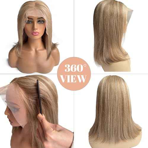 8T860 Brown Highlights Bob Wigs Human Hair for White Women Ombre #8 Brown to 60# Platinum Blonde 13x6 Straight Bob Lace Front Wig Human Hair 14 Inch Pre Plucked Pre Cut Wear and Go Glueless Wigs