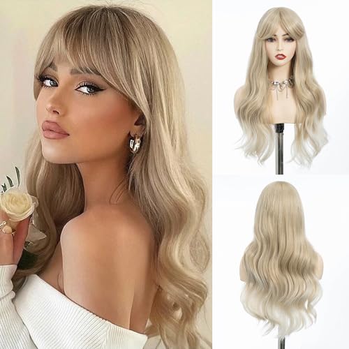 REBECCA STYLE Long Blonde Wig with Bangs 24 Inch Long Wavy Wigs with Bangs for Women Synthetic Curly Wigs Hair Replacement Wigs for Girls Daily Party Use Natural Looking (Ash Blonde)