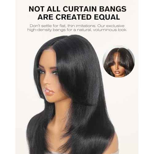 Face-Framing Layered Curtain Bang Glueless Wigs Human Hair Pre Plucked Pre Cut HD Lace Front Wigs 6x6 Ready to Wear Butterfly Haircut Closure Wig Human Hair with Curtain Bangs 16 Inch