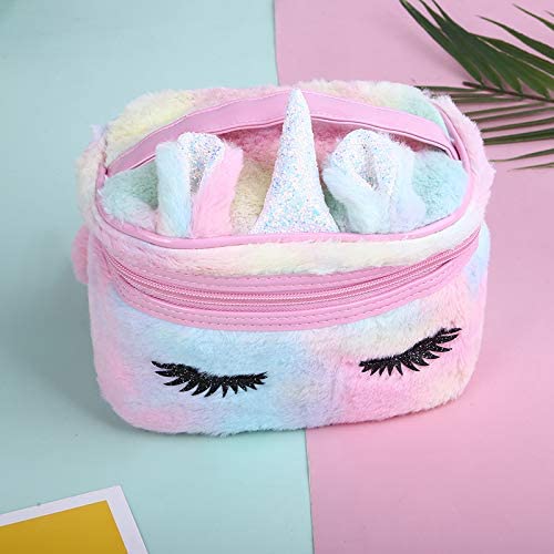 Newfancy Women Girls Kids Fluffy Faux Fur Unicorn Makeup Bag Small Cosmetic Organizer Plush Travel Storage Bags Toiletry Kit Case Vivid Kitten Purple