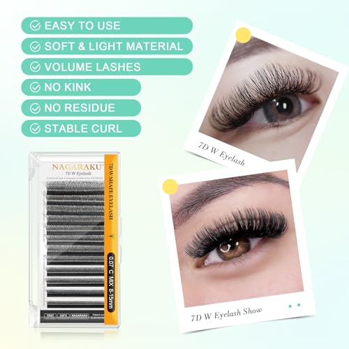 NAGARAKU W Shape Eyelash Extension 7D Cluster Premade Fans Eye Lashes Faux Mink Matte Black Easy Fanning False Eyelashes (0.07mm D curl 8-15mm Mix)
