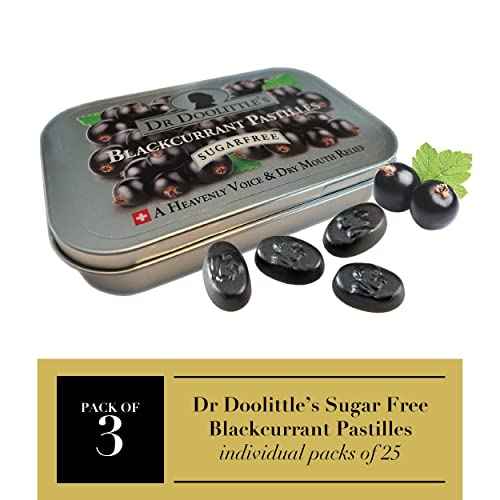 Dr. Doolittle¡¯s Sugar Free Soft Fruit Pastilles for Voice and Throat, Blackcurrant Flavor, 2.12 Ounce Tin, approximately 25 Count Package, 3 Pack