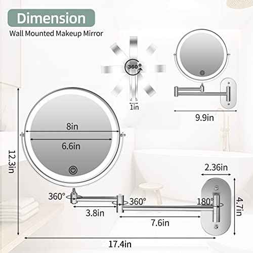Rechargeable Wall Mounted Lighted Makeup Vanity Mirror 8 inch 1X/10X Magnifying Bathroom Mirror with 3 Color Lights, Double Sided with Dimmable LED Lights, Extended Arm 360¡Æ Swivel Extension Mirror