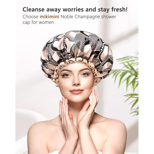 mikimini Champagne Large Shower Caps Pack of 2, Shower Cap for Women Long Hair with Black Lace, Reusable Waterproof Shower Hat for Girls