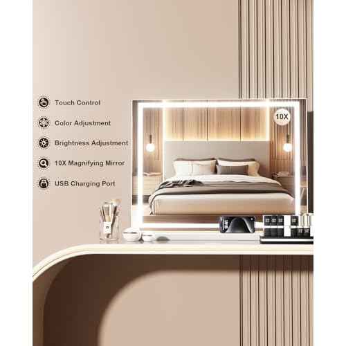 Vanity Mirror with Lights, 23" x 18" Makeup Mirror, Lighted Makeup Mirror with 3 Color Modes & Adjustable Brightness, Detachable 10x Magnification and USB Charging Design (White)