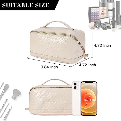 Telena Makeup Bag Large Capacity Travel Cosmetic Bag Portable PU Leather Water Resistant Makeup Organizer Bags for Women with Handle and Divider Open Flat Off-white