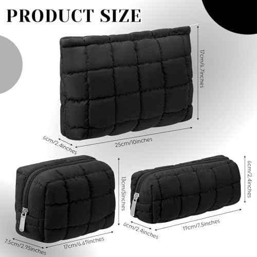 3 Pcs Puffy Makeup Bag Quilted Cosmetic Pouch for Women Cute Checkered Travel Toiletry Bag Puffer Makeup Organizer Purse Pouch Preppy Pencil Case with Zipper