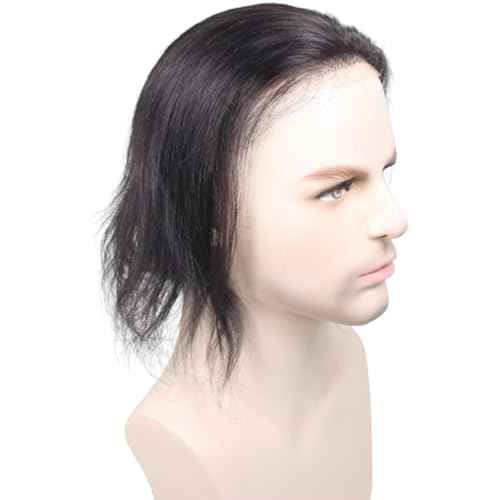Swiss Lace Front with PU Men's Toupee Man Hairpieces Human Hair Replacement System for Men 4.5x7inch 10inches Long Hair 1B Black Color