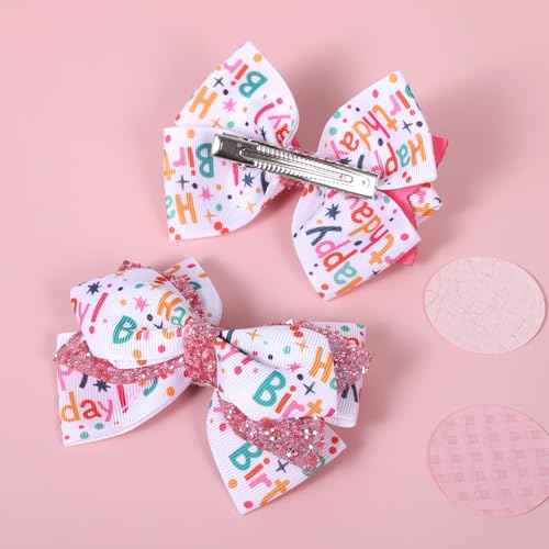 4" Happy Birthday Ribbon Hair Bow Clips 2pc Sparkly Pink Sequin Alligator Barrettes Pins for Teens Toddler Baby Girls Kids Women Ice Cream Party Outfit Dress Decor Accessory Gift