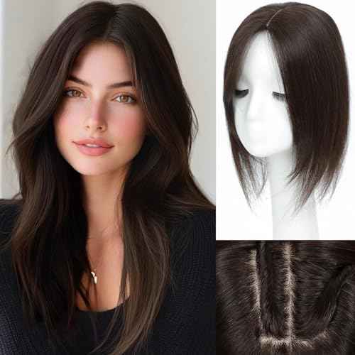 Hair Toppers for Women Real Human Hair, 360¡Æ 3D Human Hair Toppers for Women with Thinning Hair Upgrade Middle Part Clip in Bangs (Medium Dark Brown, 14 Inch-3D-Side)