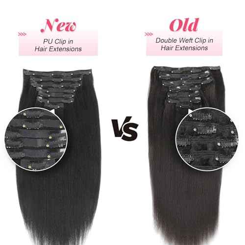 Sasisna Real Human Hair Extensions Clip ins Yaki Straight 22 Inch Nature Black Seamless PU Clip in Hair Extensions Double Wefted Yaki Straight Hair Extensions 120g/7pcs with 17 Clips
