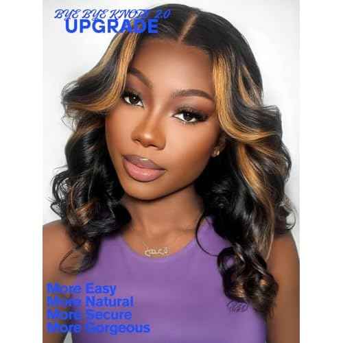 Nadula Bye Bye Knots Glueless Caramel Blonde Highlight Body Wave Wig Human Hair with Face Framing Layers, Pre Cut 7x5 HD Lace Front Highlight Wigs Pre Plucked Bleached Knots Ready to Wear 14inch