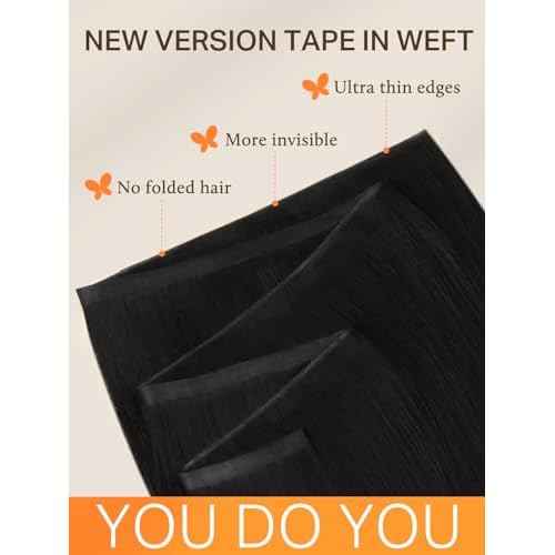 DOORES Tape in Weft Hair Extensions Human Hair, Natural Black 18 Inch 50g, Genius Seamless Extensions Long Wide Genius Seamless Weft Tape in Instant Install