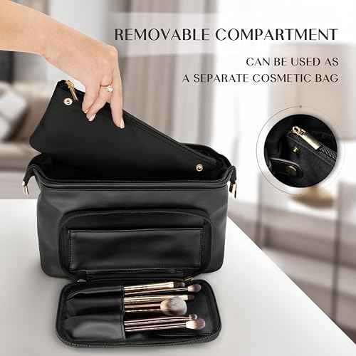 TREND-X Makeup Bag with Brush Compartment, Large Capacity Cosmetic Case, PU Leather Toiletry Bag, Open Flat Cosmetic Storage, Beauty Organizer for Women