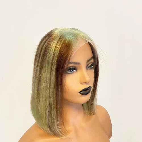 Human Hair Straight Bob #4 Mixed Ombre Bluish Green Colored 13X4 HD Transparent Lace Front Wig with Baby Hair 100% Virgin Glueless Brazilian Hair 150% Density for Black Women 12 Inch