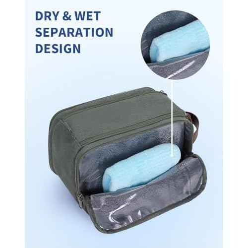 WANDF Toiletry Bag for Men Travel Toiletry Organizer Canvas and Leather Dopp Kit Water-Resistant Shaving Bag for Travel Accessories (Green, Medium)