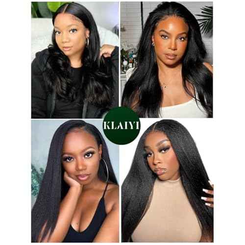 KLAIYI Yaki Straight Bundles Human Hair Weaves Unprocessed Real Virgin Hair Sew In Extensions 3 Bundles 10 12 14Inch, 12A Kinky Straight Double Wefts for Women Cllip In Light Yaki Natural Black Color