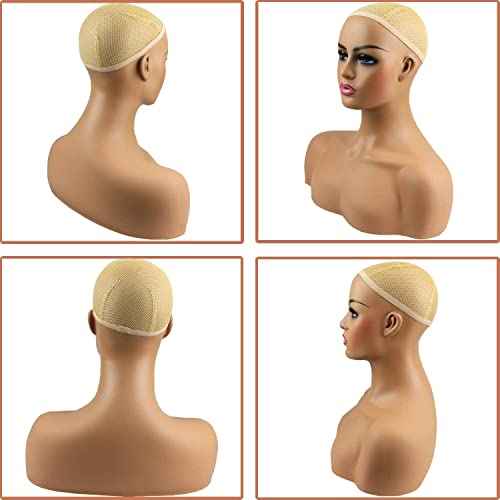 Realistic Female Mannequin Head with Shoulder Manikin PVC Head Bust Wig Head Stand for Wigs Display Making,Styling,Sunglasses,Necklace Earrings, Light Brown Color
