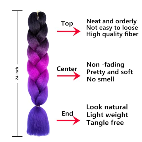 FYRLNA 6 Packs 24 Inch Jumbo Braiding Hair Soft High Temperature Resistance Synthetic Hair Extensions for Women 24 Inch Ombre Jumbo Braiding Hair Twist Crochet Braids Hair (24 Inch (Pack of 6), Black to Purple Red to Royal Blue)