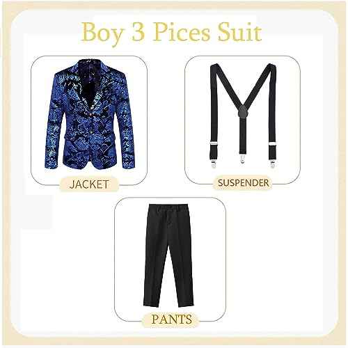 MAGE MALE Boys 3 Pieces Suit Colour Jacquard Slim Fit Jacket Pants Set for Wedding Prom Party Tuxedo with Kids Suspenders