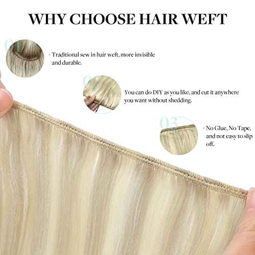 DOORES Sew in Hair Extensions Real Human Hair, Ash Blonde Highlighted Platinum Blonde 22 Inch 110g Full Head Long Straight Sew in Weft