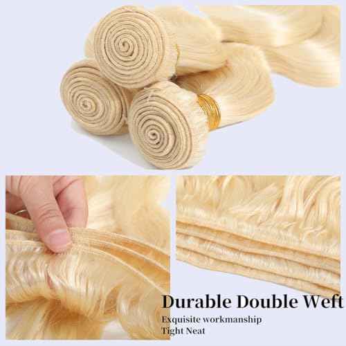 613 Bundles Human Hair 14 16 18Inch Blonde Body Wave Bundles 100% Unprocessed 16A Brazilian Virgin Hair 3 Bundles Human Hair Body Wave Hair Extensions for Women can be Dyed Bleached
