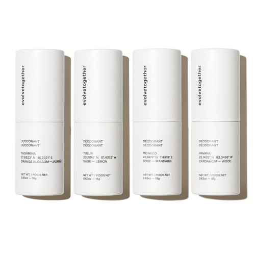 evolvetogether Aluminum Free Natural Deodorant for Women & Men | 4 Pack Travel Set | Neutralizes Odors, Soothes Skin | Vegan, Cruelty-Free, Baking Soda Free | Made in USA (Discovery)