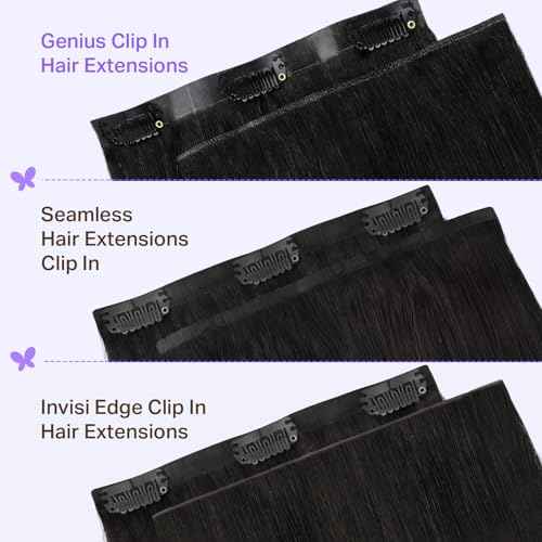 DOORES Seamless Clip in Hair Extensions Real Human Hair, Jet Black 120g 16 Inch 7pcs, Genius Extensions Clip in Straight Hair Remy Natural Weft Invisi Edge PU Weft