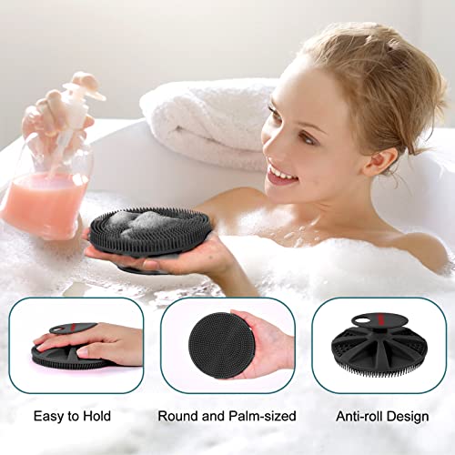 INNERNEED Food-grade Soft Silicone Body Scrubber Shower Brush, with Scalp Massager Shampoo Brush, Wet & Dry Manual Scalp Care Hair Washing (Black)