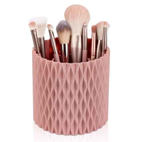 Anyoifax Makeup Brush Holder Organizer 361¡ÆRotating Make Up Brushes Container for Vanity, Spinning Cosmetics Storage Cup, Ripple Pink