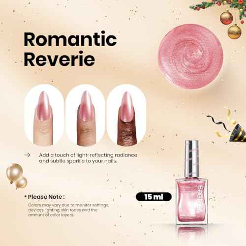 Beetles Pink Nail Polish - 15ML Quick Dry Nail Polish Romantic Reverie Pink Rose Pearl Nail Lacquer Shimmer Fingernail Polish Art Effect for Nail Salon-Quality