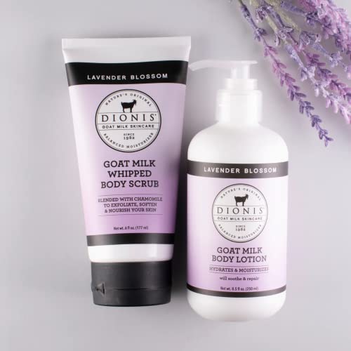 Dionis Goat Milk Skincare Lavender Scented Whipped Body Scrub & Lotion Gift Set - Gentle Chamomile Blended Exfoliating Sugar Scrub & Hydrating Body Cream Set, 6 oz & 8.5 oz