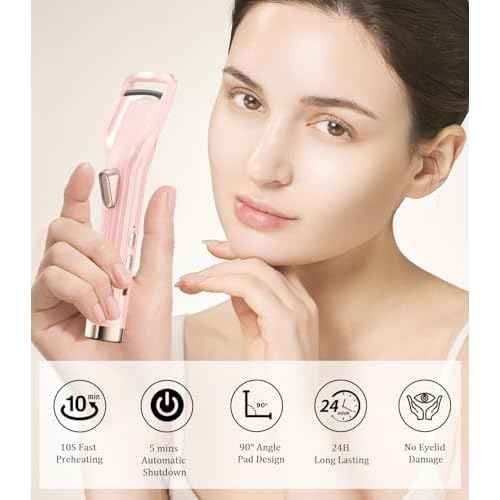 Heated Eyelash Curler Premium PRO - Fast Heat up in 8s - 24 Hours Long Lasting - Rechargeable Electric Eyelash Curler with Type-C, Innovative L Silicone, 2 Heat Modes, Anti-Burn Eyelid, Pink-DC