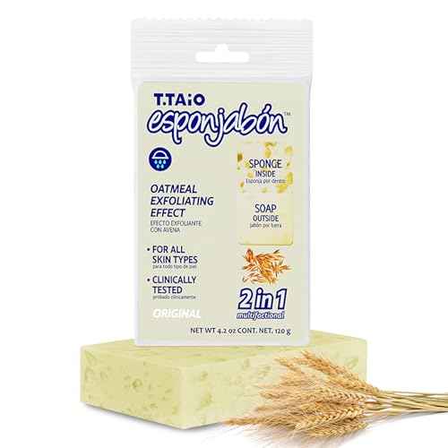 T.Taio Esponjabon Mother of Pearl Soap Sponge - Revitalizing Shower Scrubber for Bath Wash & Oil Removal - Bathroom Essentials with Fresh Scents - Oat with Mini