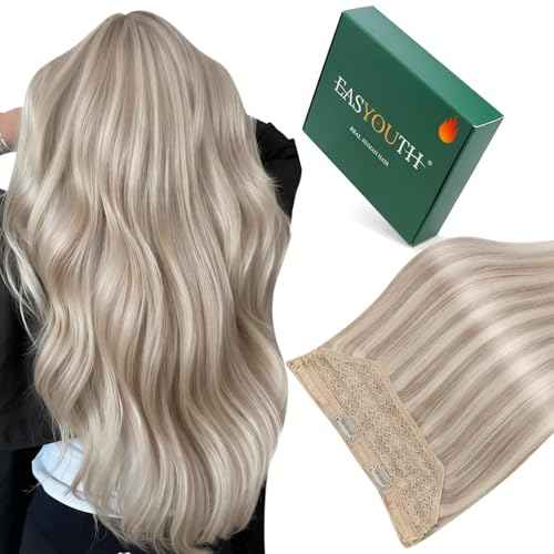 Easyouth Wire Hair Extensions Blonde Highlight Hair Extensions Wire Human Hair Ash Blonde Highlighted Blond Fish Line Hair Extension Long Straight Hair 20 Inch 100g Invisible Headband Hair Extension