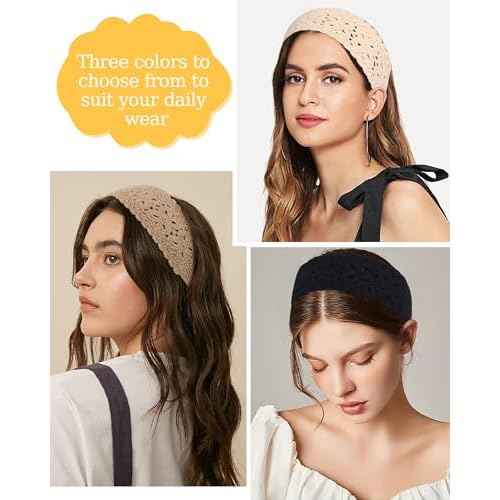 HAIMEIKANG Hippie Hair Bandana Headbands for Women Boho Headband Knit Hair Bands Floral Head Wrap for Women and Girls(Black+Beige+Coffee)