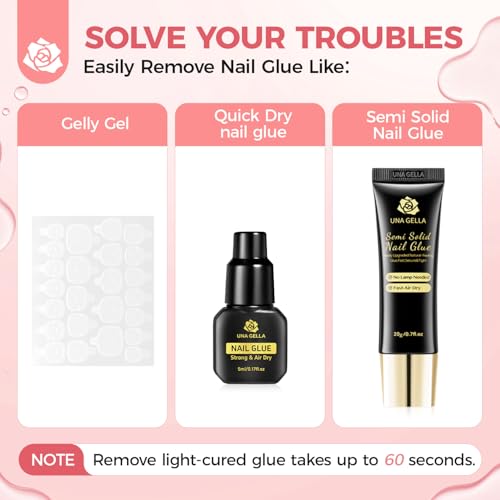 UNA GELLA Inbuilt Crowbar Press On Nail Glue Remover 30ML Acetone-Free Gentle Soak Off Gel Nail Glue Polish Remover for Nail Tip Adhesive Glue Easily Home DIY Not for U V Cured Gel