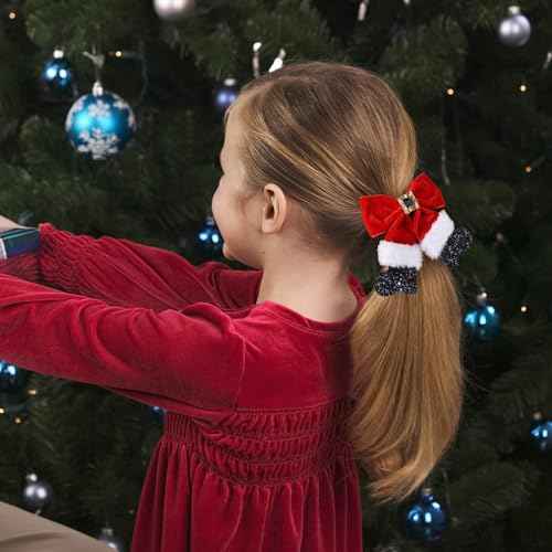 Red Velvet Ribbon Hair Bows 2pc Glitter Sparkly Christmas Santa Claus Decor Hair Clip Barrettes Alligator Hairpins Holiday Party Dress Decor Accessory for Girls Women Xmas Gift
