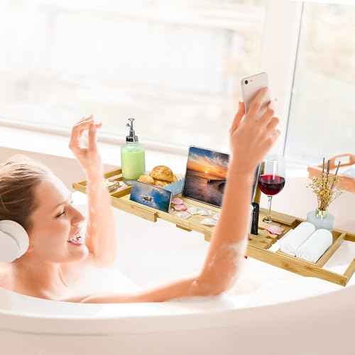 Bathtub Tray - Luxury Bamboo Bathtub Tray for Bath Accessories, Expandable Bath Caddy with Wine Glass Holder, for Her, Anniversary, Spa and Relaxation