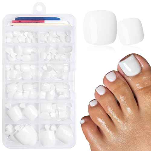 LuckForever 168pc Press on Toenails Women Fake Toe Nails with Glue Tabs, White Fake Toenails Press on Nails Short Square Acrylic Toe Nail Tips Glue on Toenails False Artificial Toe Nails Press ons