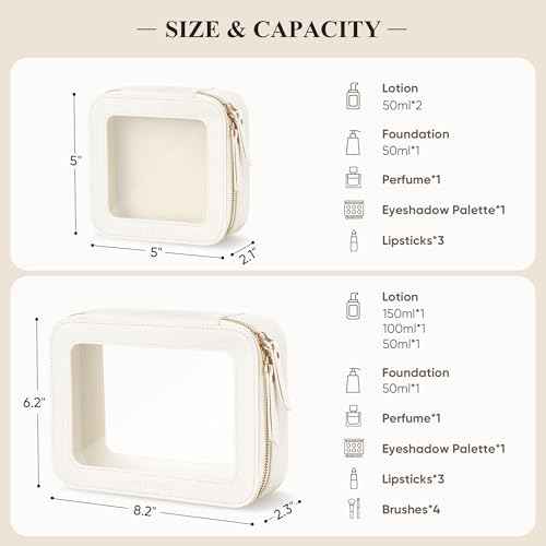 Clear Makeup Bag, Travel Toiletry Bag Cosmetic Case for Women, Waterproof Portable Small Make Up Skincare Pouch with Zipper, Compact Car Organizer Bag for Essentials, Mini Size, Ivory White