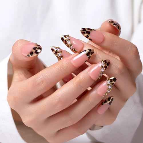 LOVFUL Press on Nails Noir d'Or | Handmade with Full Covered Crystals | Reusable Full Cover Nails | Almond Regular 1.0 in | P003-M