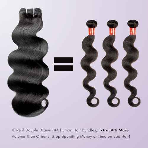 14A Raw Bundles Human Hair Body Wave, 100% Indian Virgin Raw Hair Bundles Wavy Long Lifespan No Shedding Double Drawn Premium Full-Bodied Quality Quick Weaves #Natural Black (14 16 18 Inch)