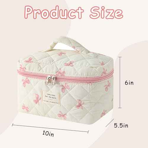 Large Quilted Makeup Bag for Women and Girls, Cute Coquette Floral Cotton Cosmetic Bag, Aesthetic Travel Organized Toiletry Bags (07White Pink Bows)