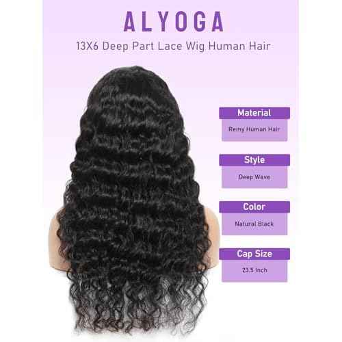 Deep Wave Lace Front Wigs Human Hair 13x6, Real Remy Virgin Human Hair Wig for Black Women, 180 Density, Daily Wear Suitable Pre Plucked with Baby Hair, Natural Color, 24 inch