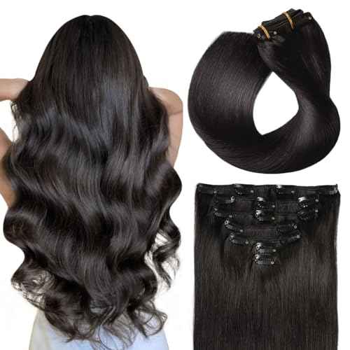 SUYYA Real Human Hair Clip in Extensions - 7 Pcs Straight Remy Hair Clip ins for Women - Double Weft 18 Inch #1B Off Black 80G