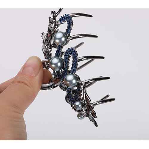 Fashionable Dragon Metal Claw Clips for Women Blue Rhinestone & Pearls Silver Alloy Halloween Decorative Clips Hair Accessories Birthday New Year Gifts