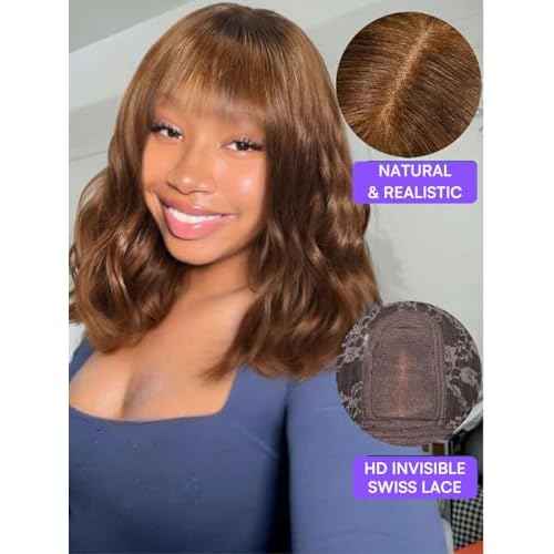 YIROO Bob Wig Human Hair with Bangs,Chestnut Chocolate Brown Highlight Loose Body Wave 4x2 HD Lace Closure Glueless Wig Human Hair Pre Plucked Wear and Go Short Bob Wig for Women 150% Density 12Inch